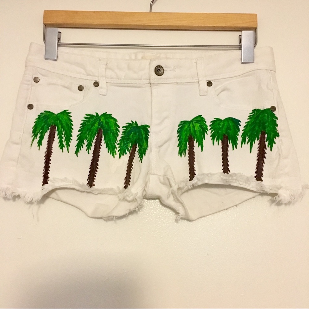 Rad hand-painted palm tree peace cutoff shorts